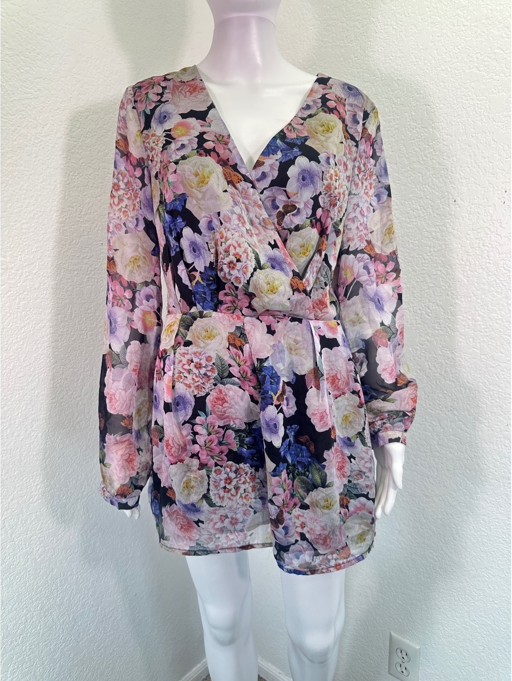 SZ M Glamorous Floral Romper Flirty Romantic Long Sleeve Cottagecore Boho